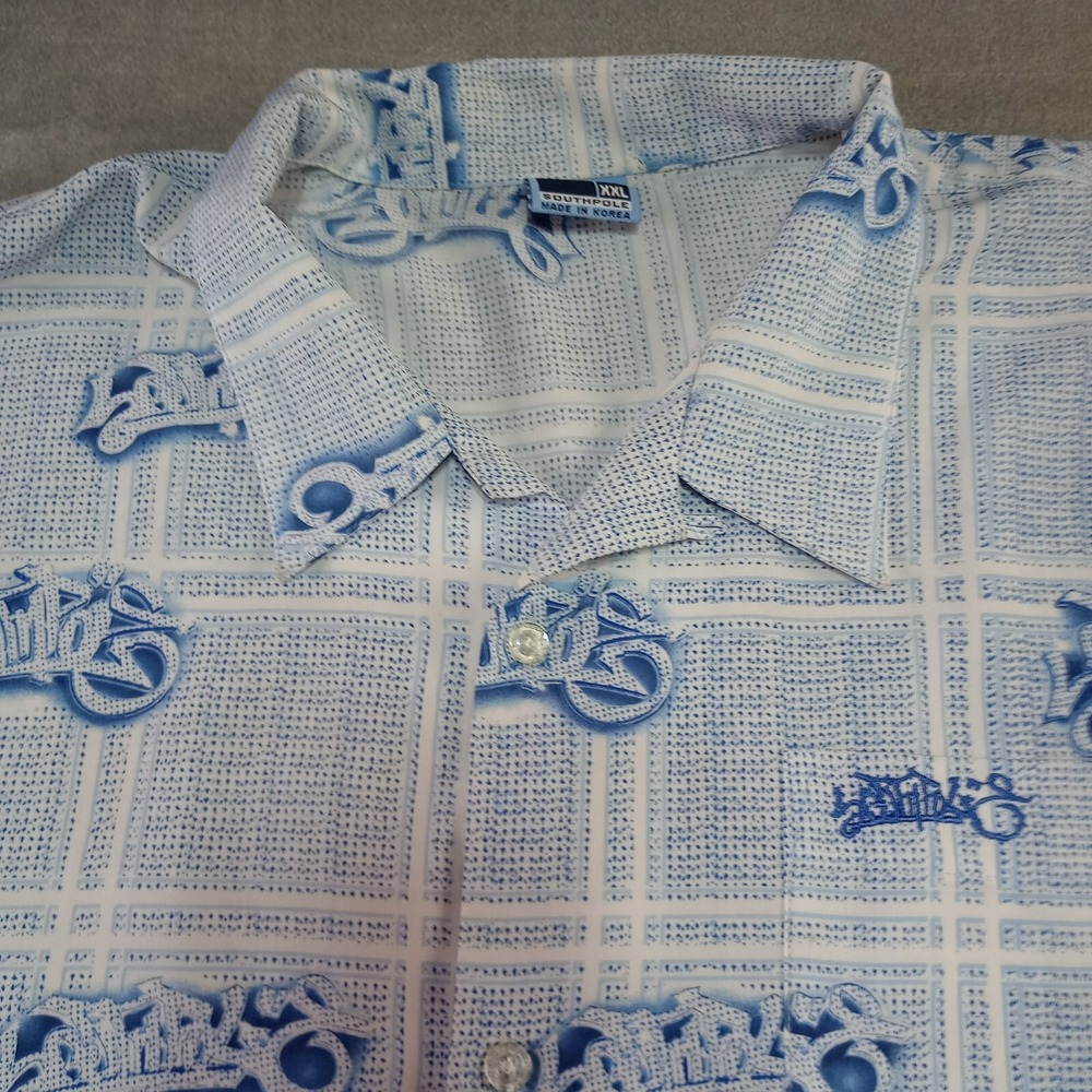Vintage Southpole Shirt Mens 2XL Y2K 2000s Baggy Hip Hop Loop‎ Collar AOP Blue